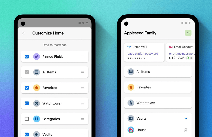 1Password mobile app showing the vault on a smartphone screen