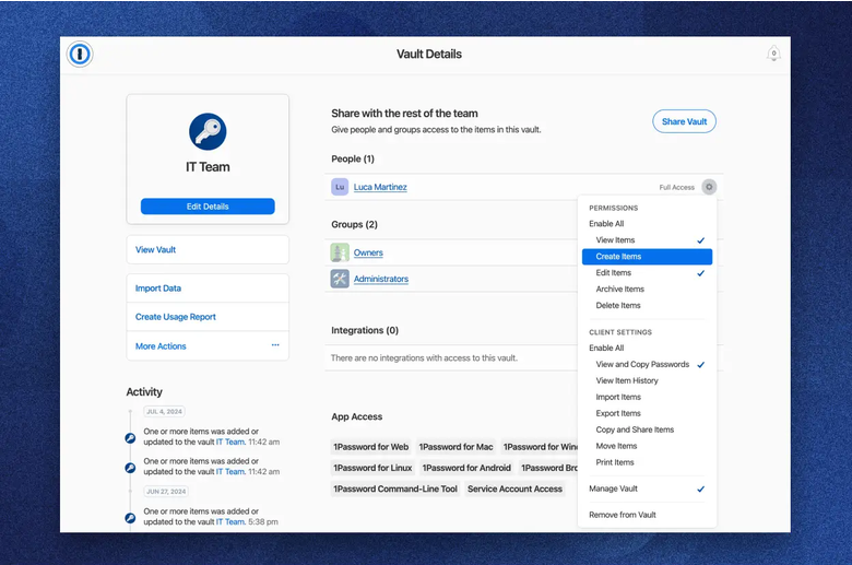 1Password web interface showing the vault with stored logins