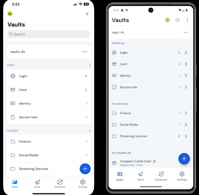 Bitwarden mobile app showing the vault on a smartphone screen