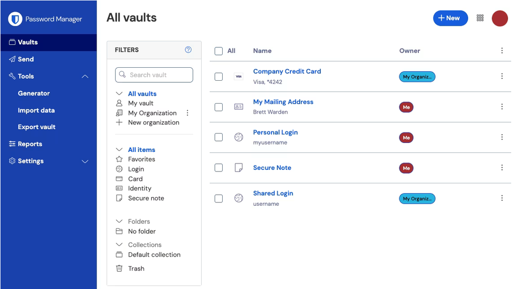 Bitwarden web vault interface showing stored logins and folders