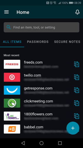 Dashlane mobile app showing the encrypted password vault on a smartphone