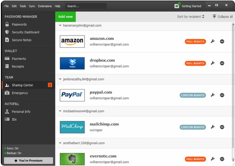 Dashlane web app interface showing the password vault and account tools