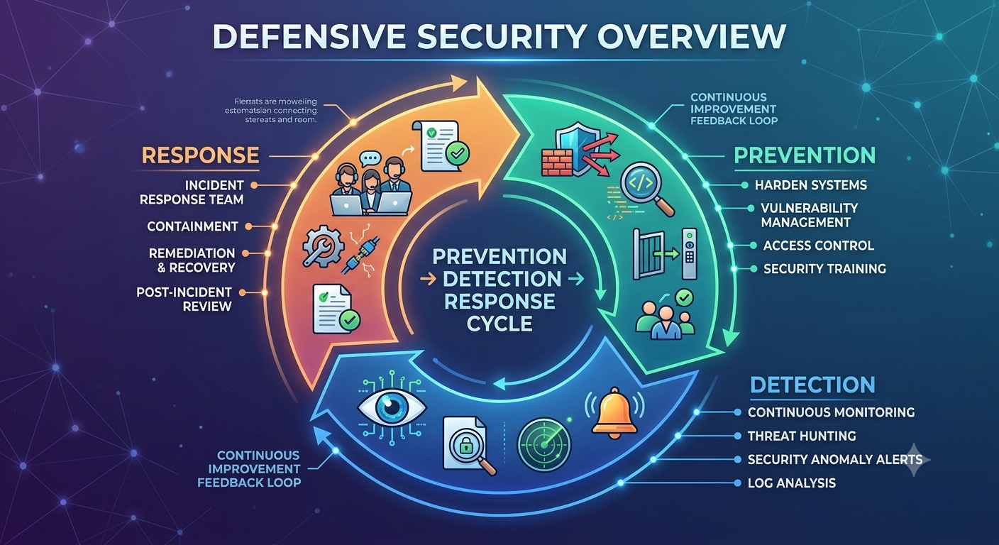 Defensive Security Overview diagram showing prevention, detection, and response