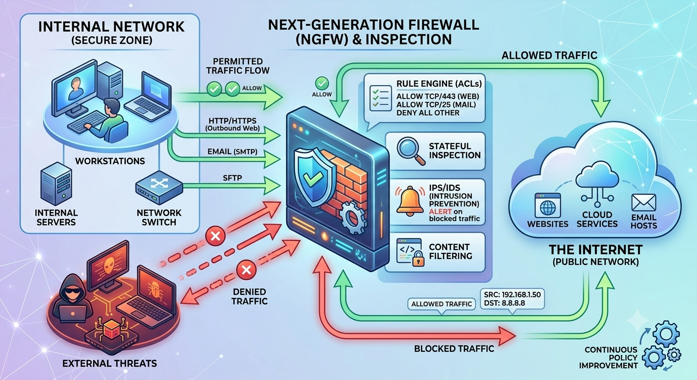 Firewall diagram showing internal network, firewall, and internet