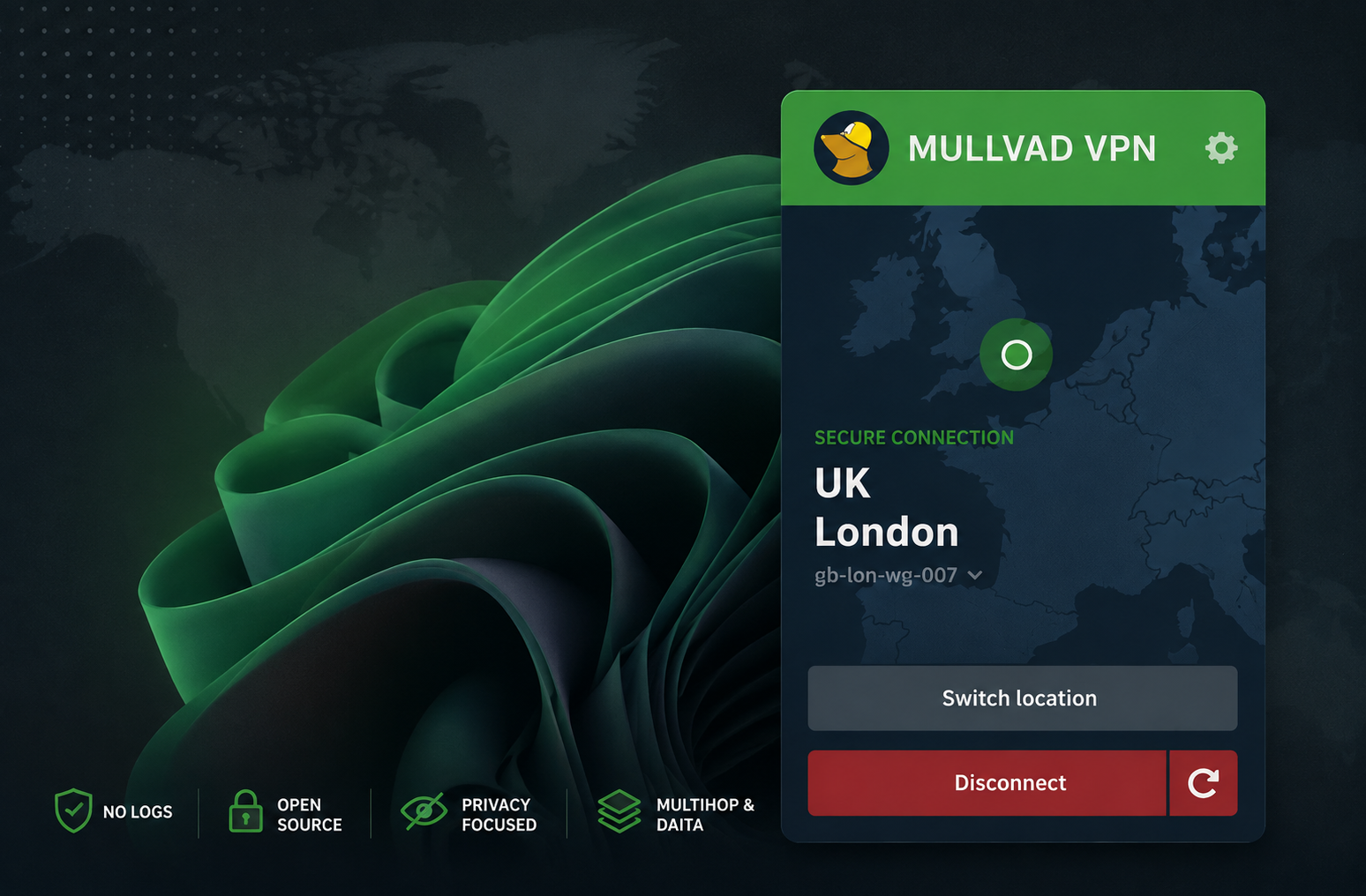 Mullvad VPN desktop application showing the VPN connection interface and server location