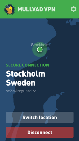Mullvad VPN mobile application showing the VPN connection interface