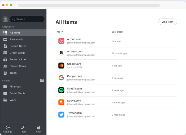 NordPass web interface showing the vault with stored logins