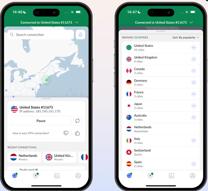 NordVPN mobile application interface showing VPN connection