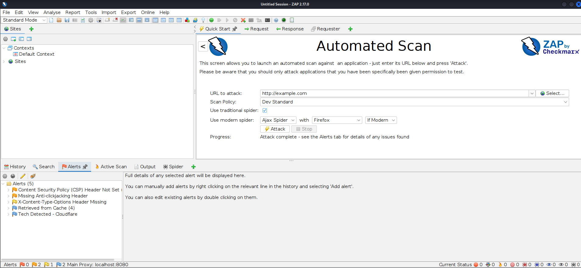 OWASP ZAP Alerts panel listing vulnerabilities by risk level