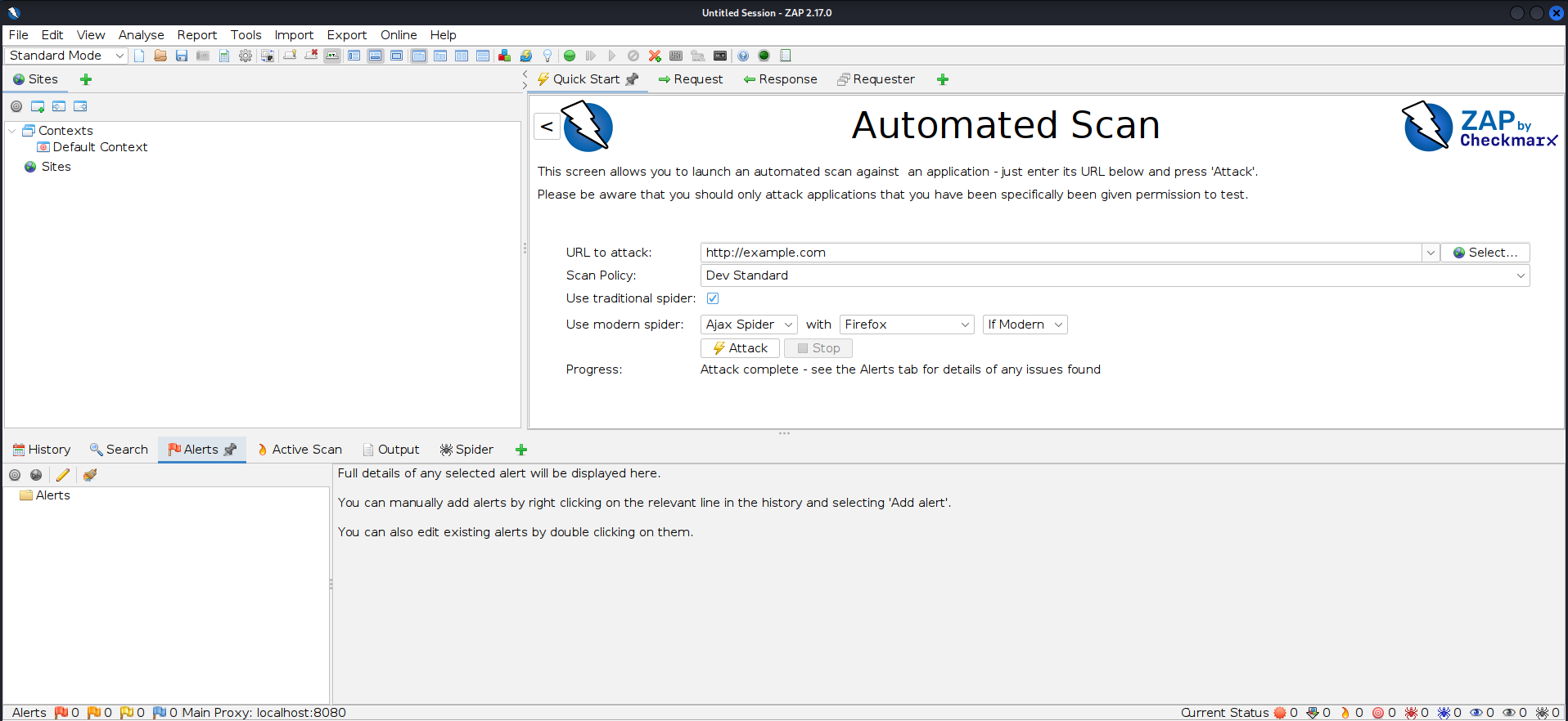 OWASP ZAP main interface showing the Sites tree, request/response panes, and Alerts tab