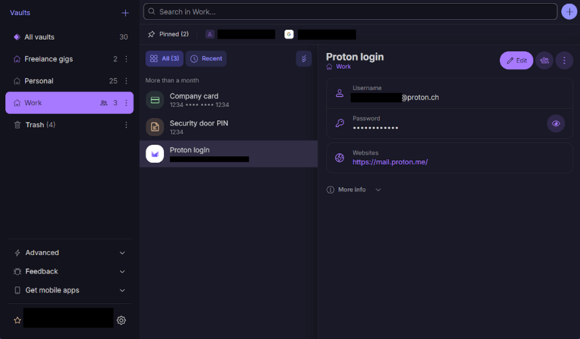 Proton Pass web interface showing the vault with stored logins