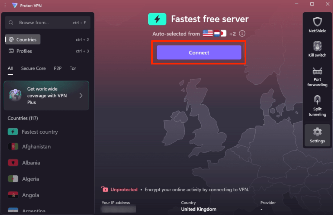 Proton VPN desktop application showing VPN server selection and connection status