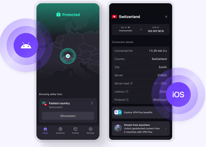 Proton VPN mobile application showing VPN connection controls on a smartphone