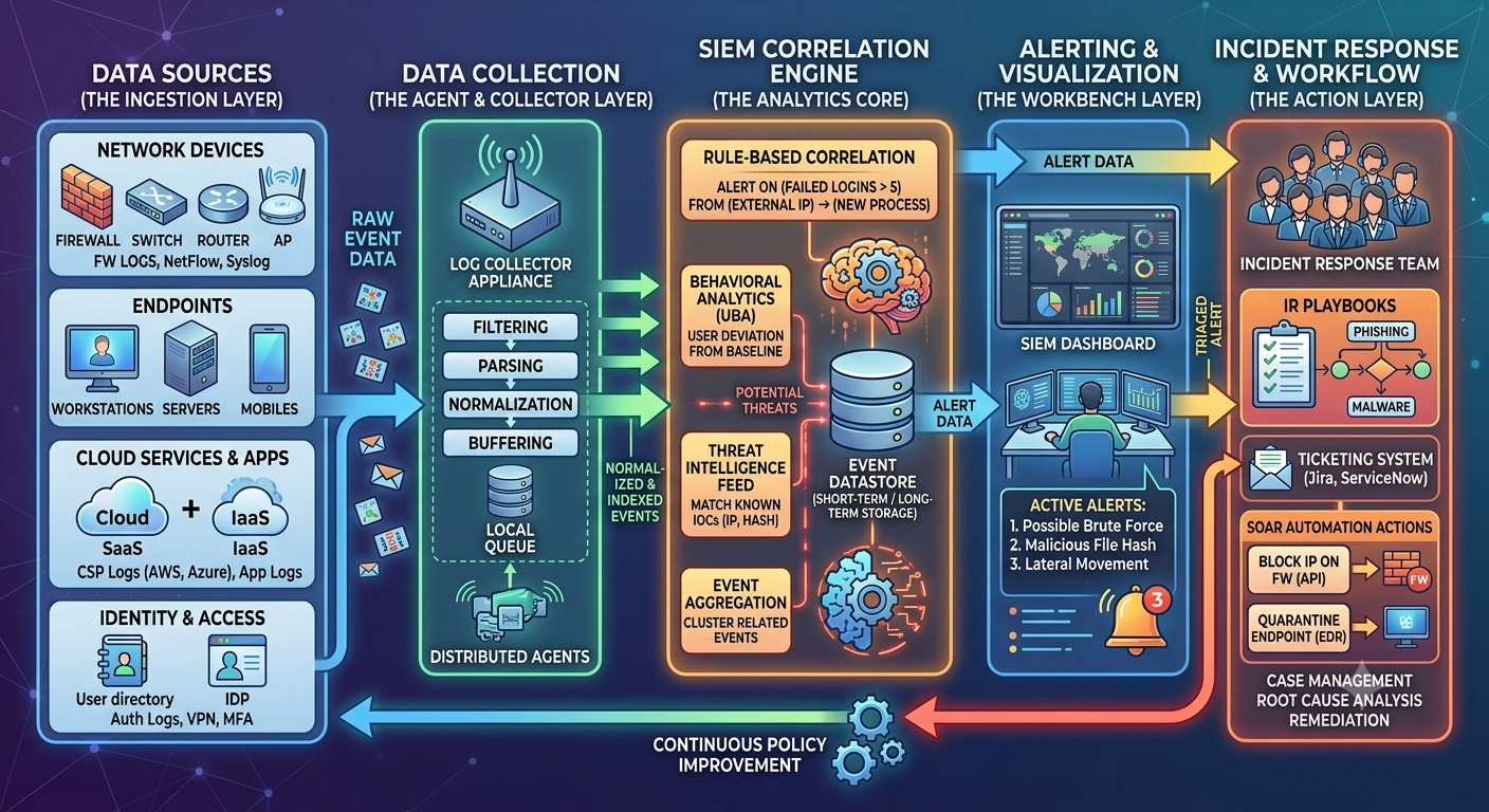 SIEM architecture diagram showing data sources, collection, correlation, and response